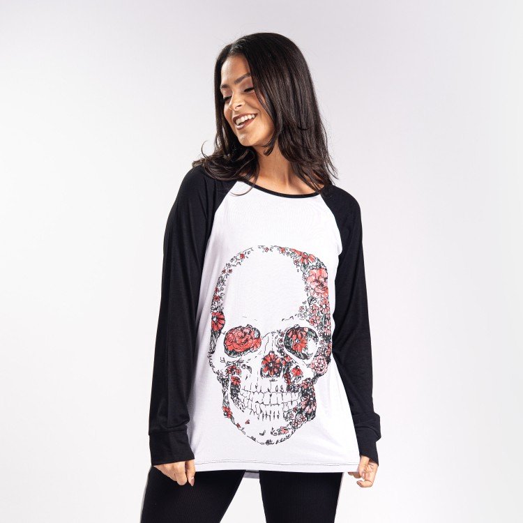Blusa Manga Longa Raglan Skull
