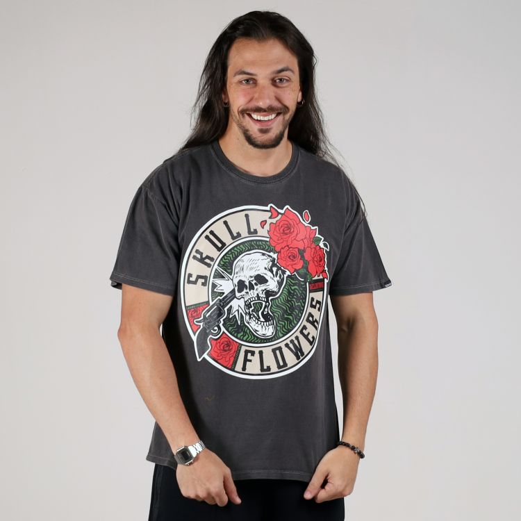 Camiseta Estonada Skull Flowers Hardrock